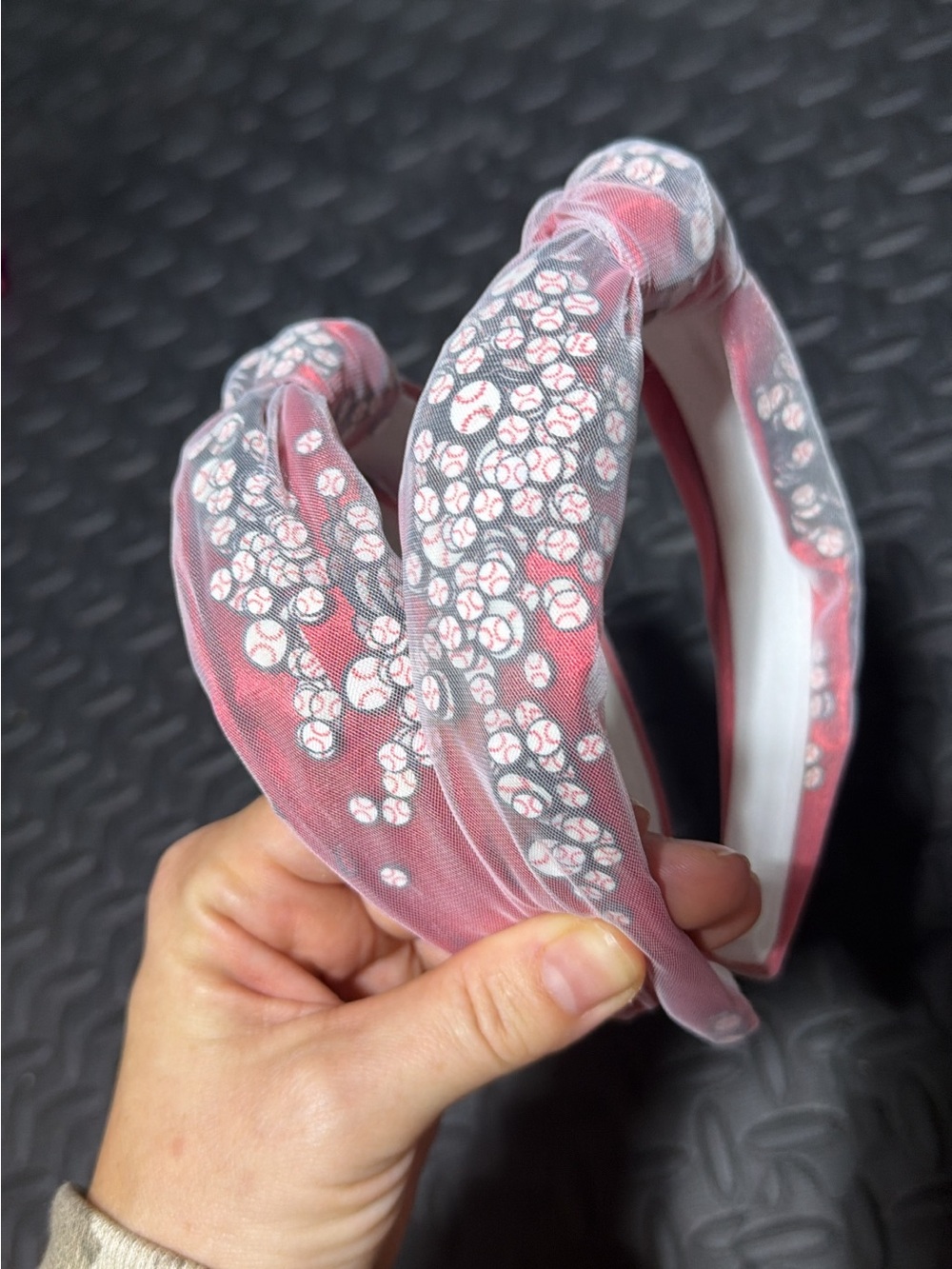 Red Knotted Mesh Headband with Sequin Embellishment baseball inside x2